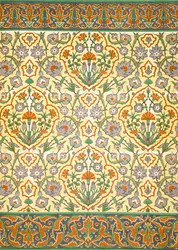Mur en faïence avec bordure utilisant des motifs répétitifs très stylisés utilisant des formes végétales, d